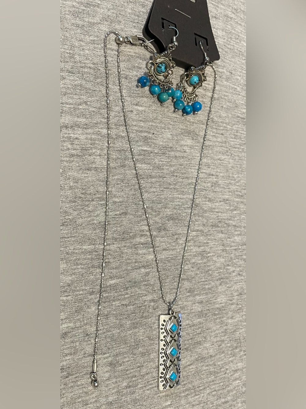 Silver Tone Necklace & Earrings Set with Turquoise Beads/Accents